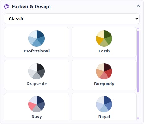Der Bereich Farben & Design auf Schweizer Hochdeutsch mit mehreren Farbpaletten.