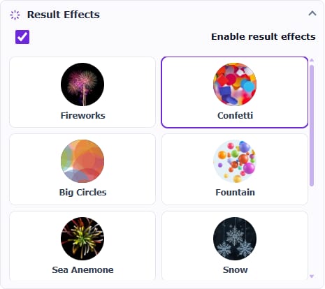 Result Effects panel in Australian English with Confetti selected.