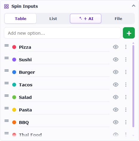 Spin Inputs panel in Australian English with Table, List, AI and File controls.
