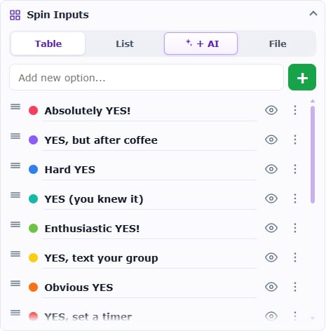 Spin Inputs panel in English with Table, List, AI and File controls.