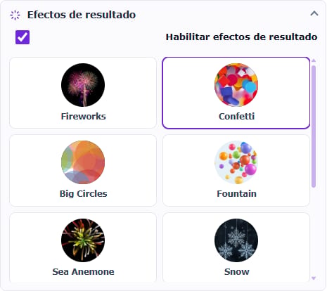 El panel Efectos de resultado en español con Confeti seleccionado.