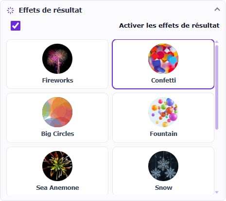 Le panneau Effets de résultat en français avec Confetti sélectionné.