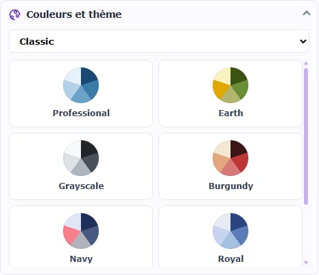 Le panneau Couleurs et thème en français avec plusieurs palettes.