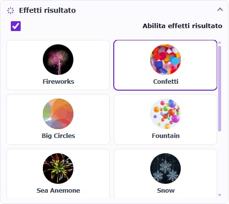 Il pannello Effetti risultato in italiano con Confetti selezionato.