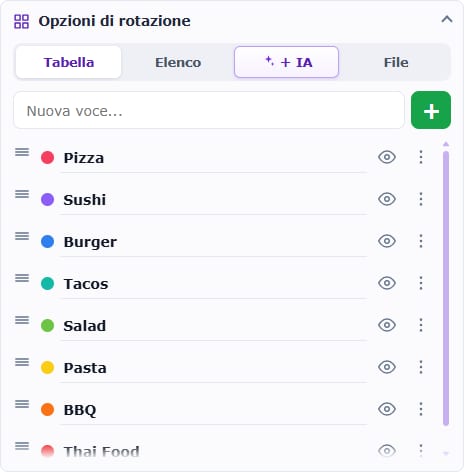 Il pannello Opzioni in italiano con Tabella, Lista, IA e File.