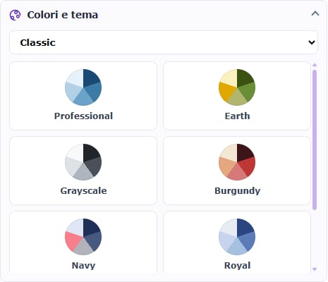 Il pannello Colori e tema in italiano con diverse tavolozze.