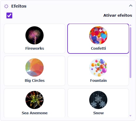 O painel Efeitos de resultado em português com Confetti selecionado.