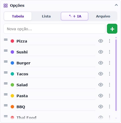 O painel Opções em português com Tabela, Lista, IA e Arquivo.