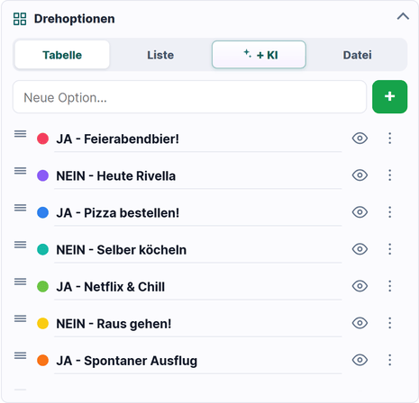 Der Bereich Drehoptionen mit den Tabs Tabelle, Liste, KI und Datei.