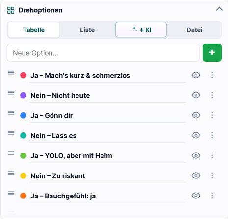 Der Bereich Drehoptionen mit den Tabs Tabelle, Liste, KI und Datei.