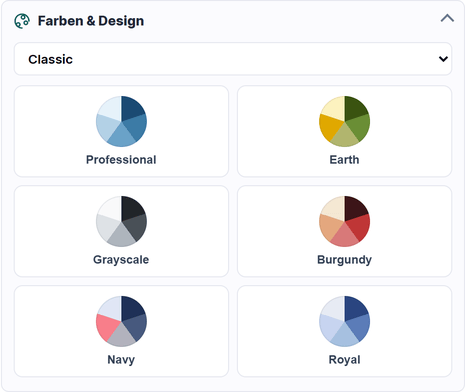 Der Bereich Farben & Design mit Design-Auswahl und Palettenkarten.