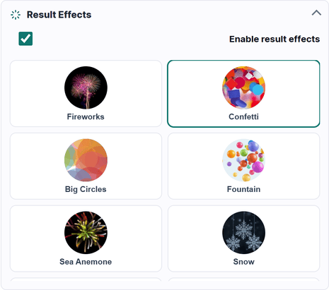 The Result Effects panel with Confetti selected.