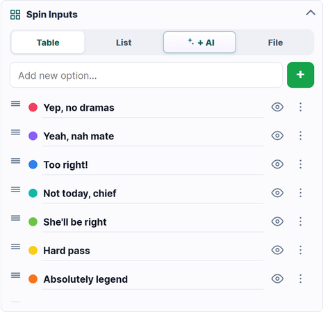 The Spin Inputs panel with its Table, List, AI and File tabs.