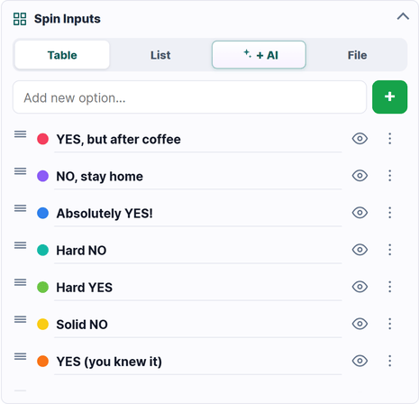 The Spin Inputs panel with its Table, List, AI and File tabs.