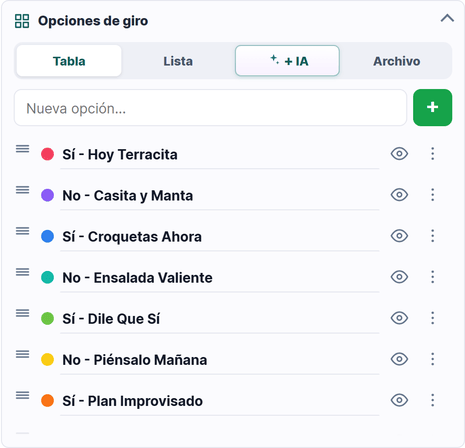 El panel Opciones de giro con sus pestañas Tabla, Lista, IA y Archivo.