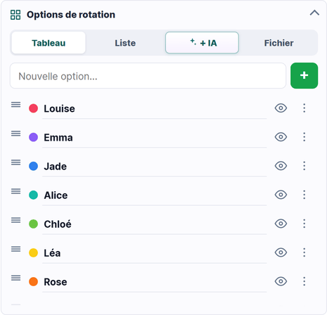Le panneau Options de rotation avec ses onglets Tableau, Liste, IA et Fichier.