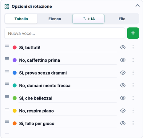 Il pannello Opzioni di rotazione con le schede Tabella, Elenco, IA e File.