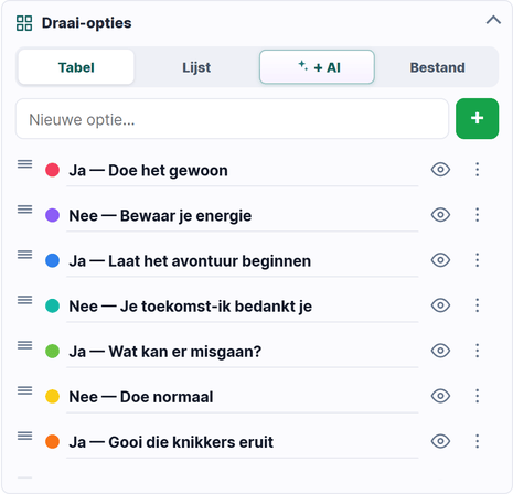 Het paneel Draai-opties met de tabbladen Tabel, Lijst, AI en Bestand.