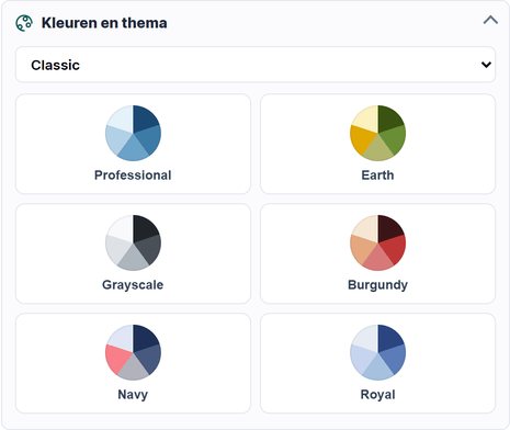 Het paneel Kleuren en thema met een themakiezer en paletkaarten.