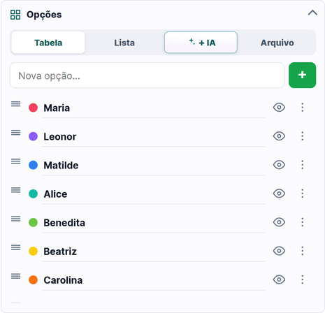 O painel Opções com os separadores Tabela, Lista, IA e Arquivo.
